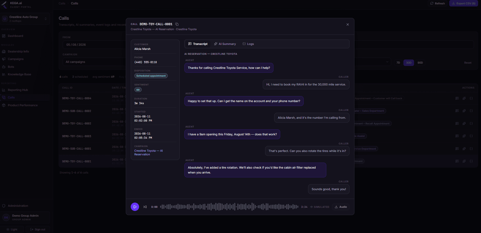 KEGA.ai call detail view with full transcript and audio player